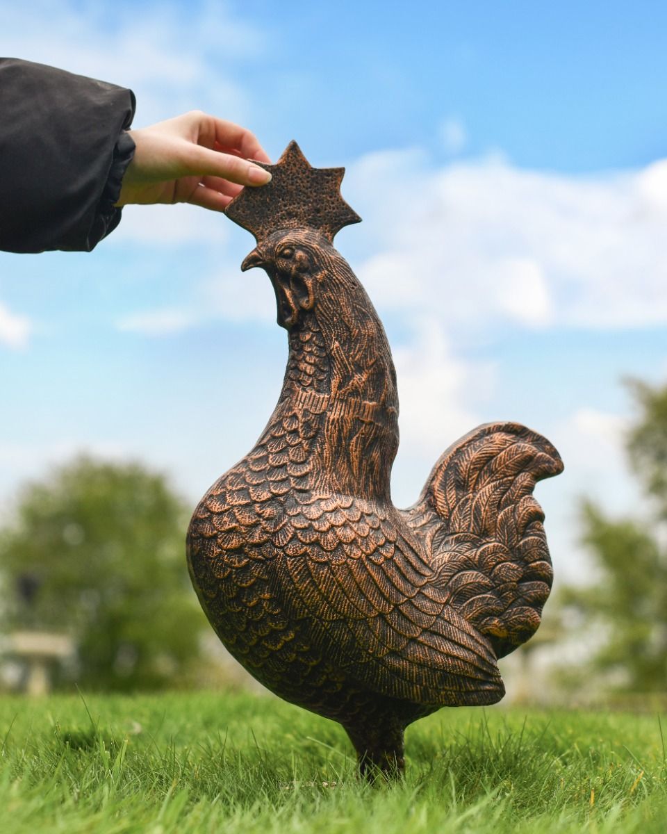 Cast Aluminum "Margary" Chicken Garden Sculpture in Copper Finish with Hand for Scale