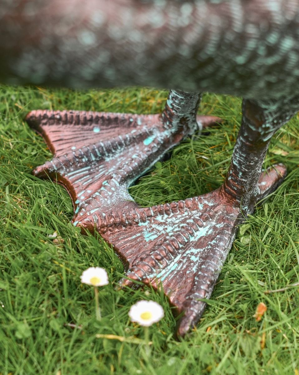 Cast Aluminum "Myles" Head Up Swan Garden Sculpture in Verdigris Feet Detail Cast Aluminum "Myles" Head Up Swan Garden Sculpture in Verdigris Feet Detail