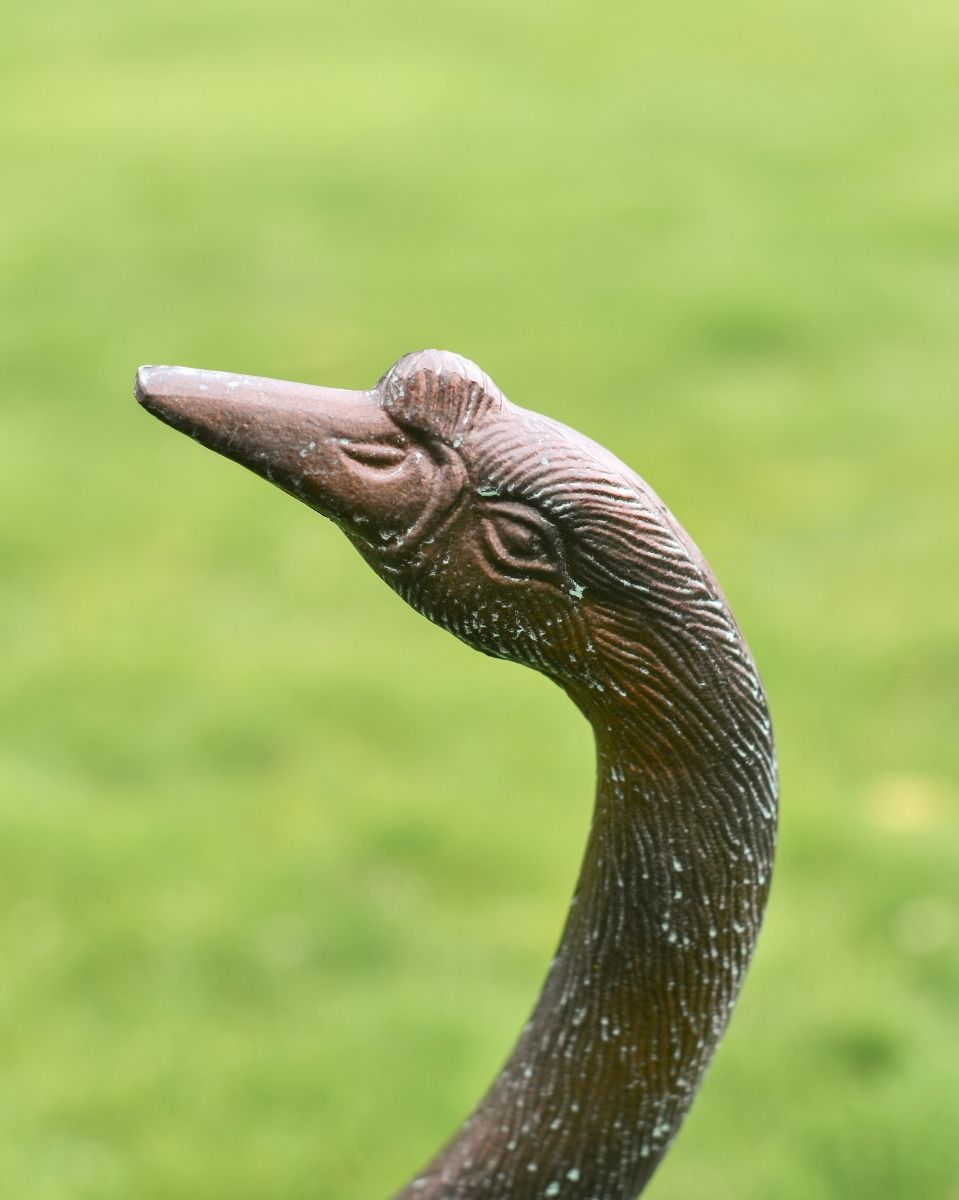 Cast Aluminum "Myles" Head Up Swan Garden Sculpture in Verdigris Face Close Up Cast Aluminum "Myles" Head Up Swan Garden Sculpture in Verdigris Face Close Up