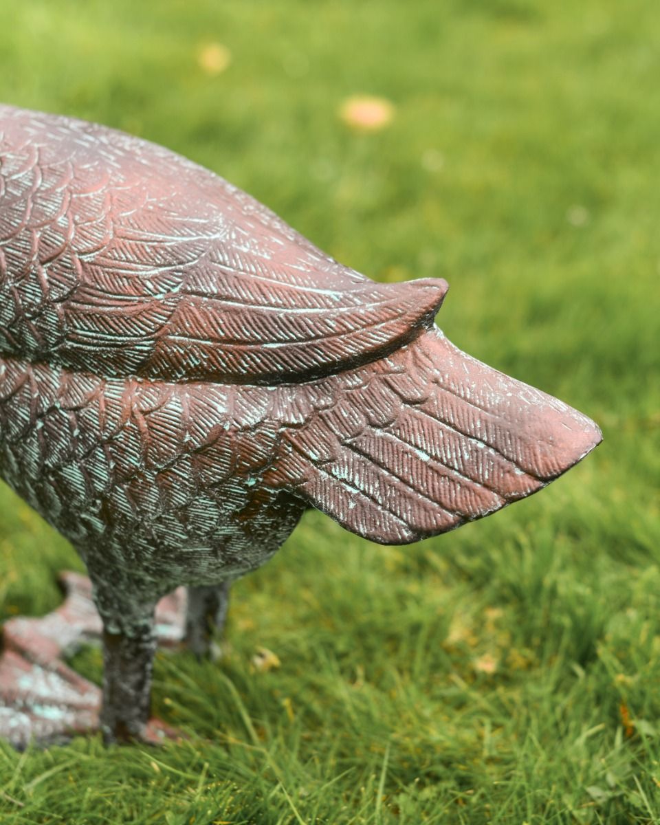 Cast Aluminum "Myles" Head Up Swan Garden Sculpture in Verdigris Tail Close Up Cast Aluminum "Myles" Head Up Swan Garden Sculpture in Verdigris Tail Close Up