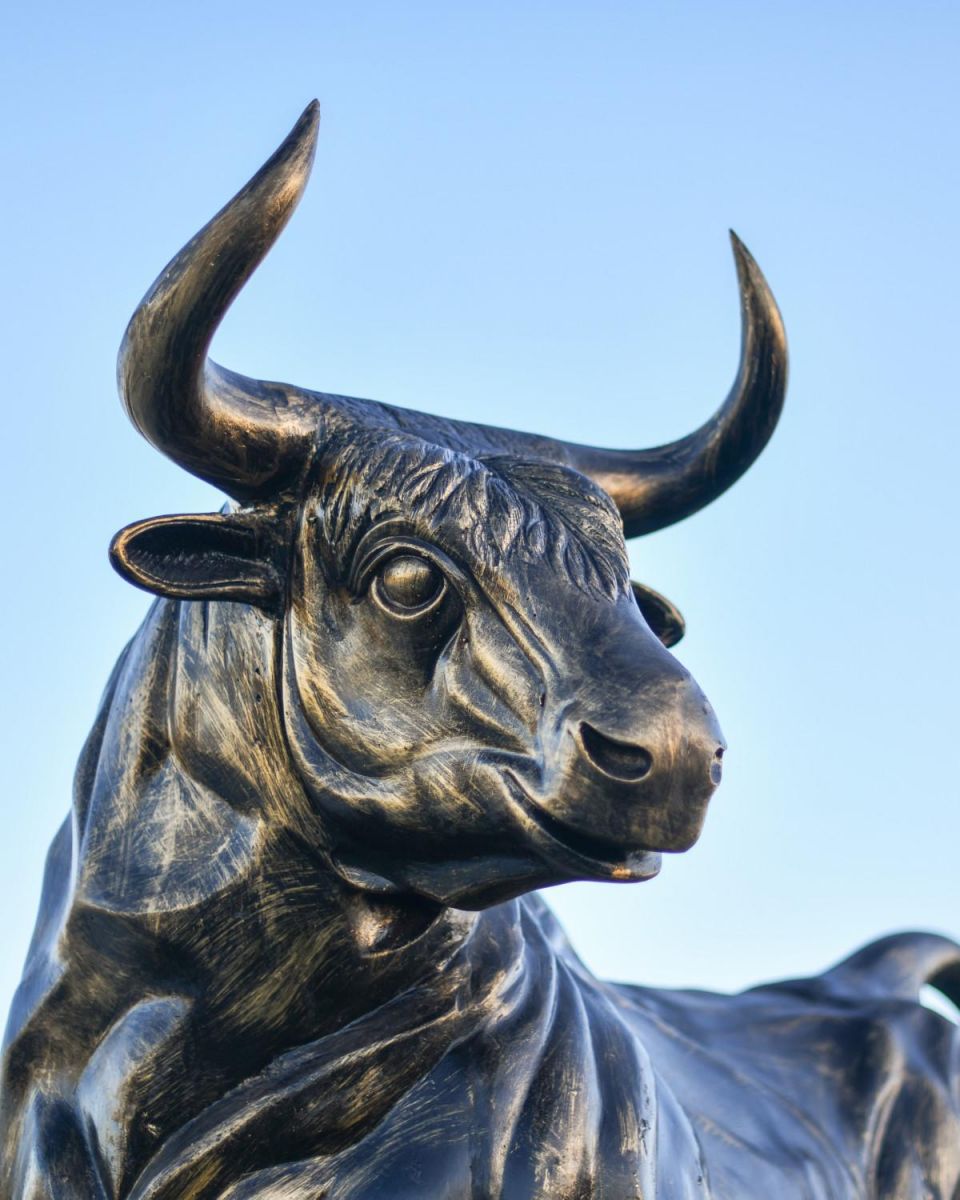 Low Angle Shot of Cast Aluminium "Raging Bull" Garden Sculpture 