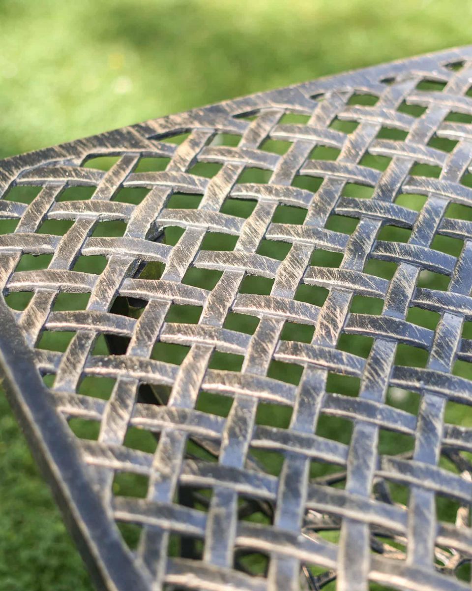 Close-Up of Lattice Pattern on Cast Deluxe Aluminium "Lattice" Outdoor Patio Table Close-Up of Lattice Pattern on Cast Deluxe Aluminium "Lattice" Outdoor Patio Table