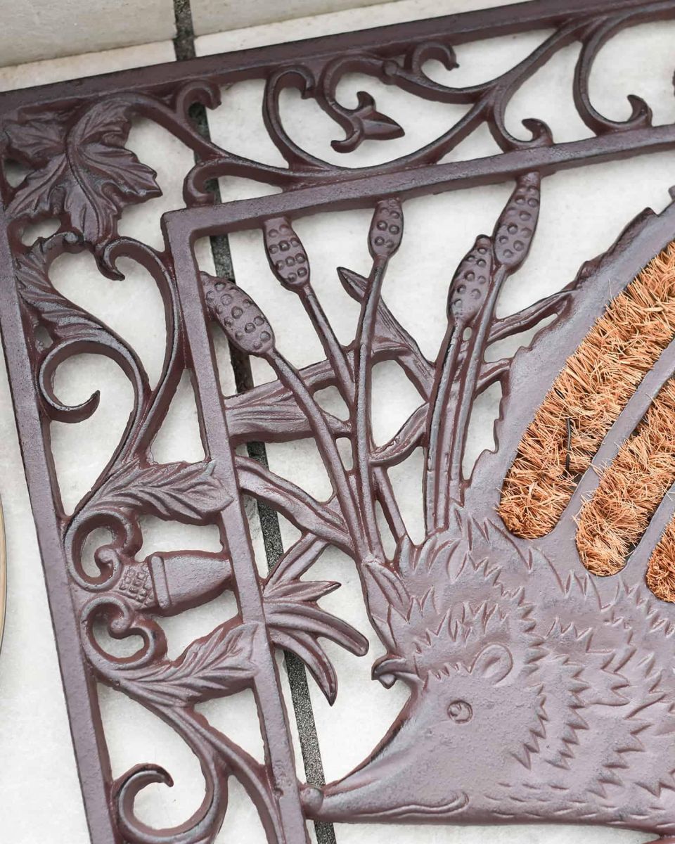 Close-Up of Cast Iron 2-in-1 "Harry the Hedgehog" Rectangular Doormat & Boot Scraper