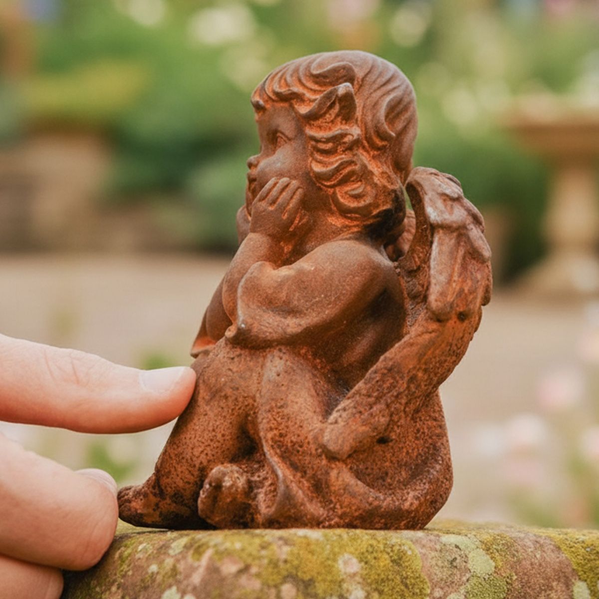 Digital illustration of Rustic Cast Iron Winged Adoring Angel Sculpture side view with hand in shot for scale