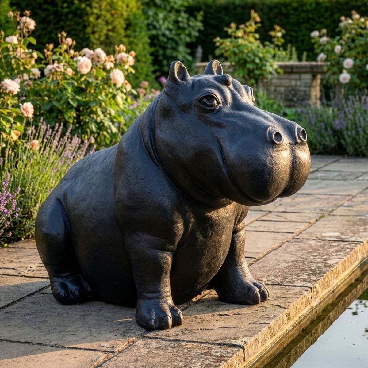 Cast Iron Black Hippo Sculpture - 68cm Digital Illustration