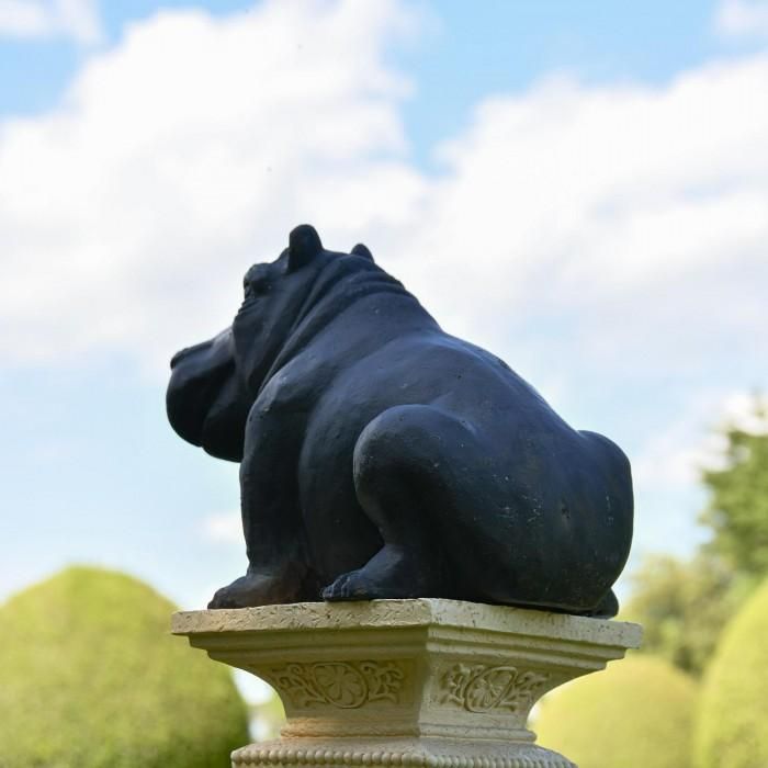 View of the Back of the Cast Iron Black Hippo Sculpture View of the Back of the Cast Iron Black Hippo Sculpture
