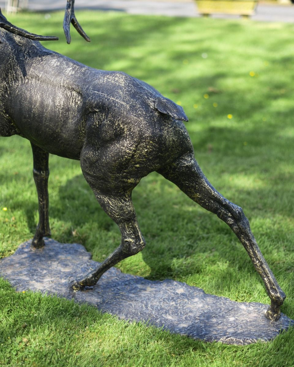Cast Iron Evander Stag Sculpture in Antique Gold Base Detail