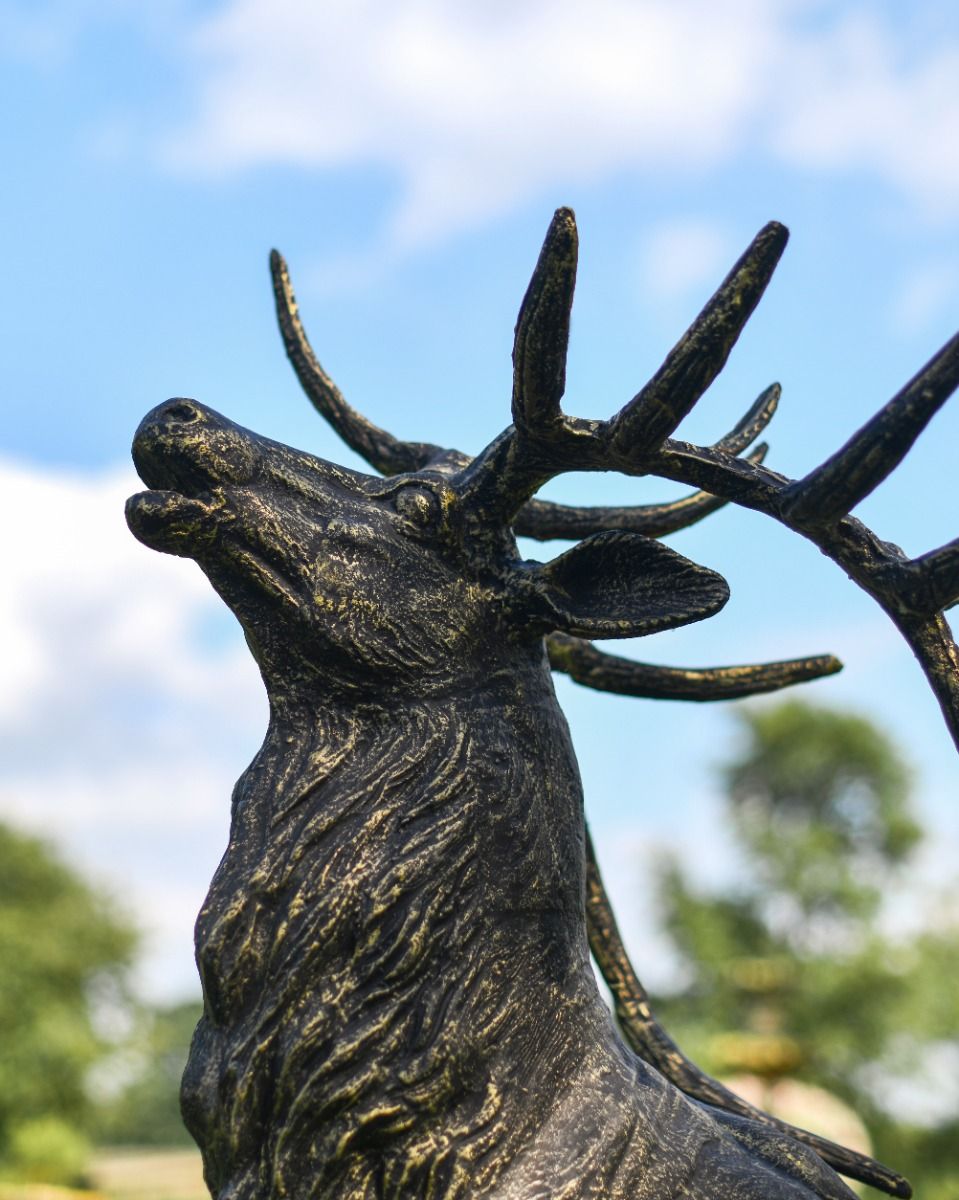 Cast Iron Evander Stag Sculpture in Antique Gold Head Detail