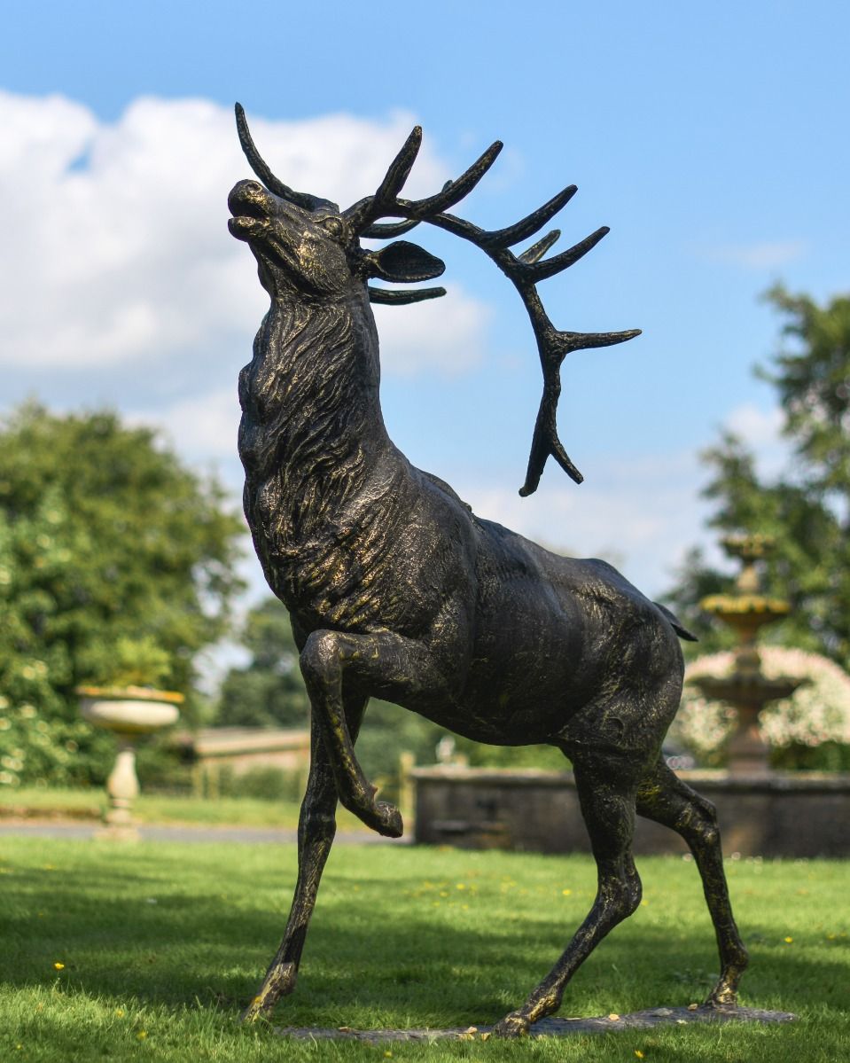 Cast Iron Evander Stag Sculpture in Antique Gold Side Angle