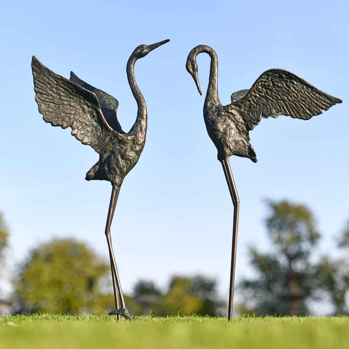 Cast Iron Freestanding "Fighting Flamingos" Garden Sculpture - Set of Two