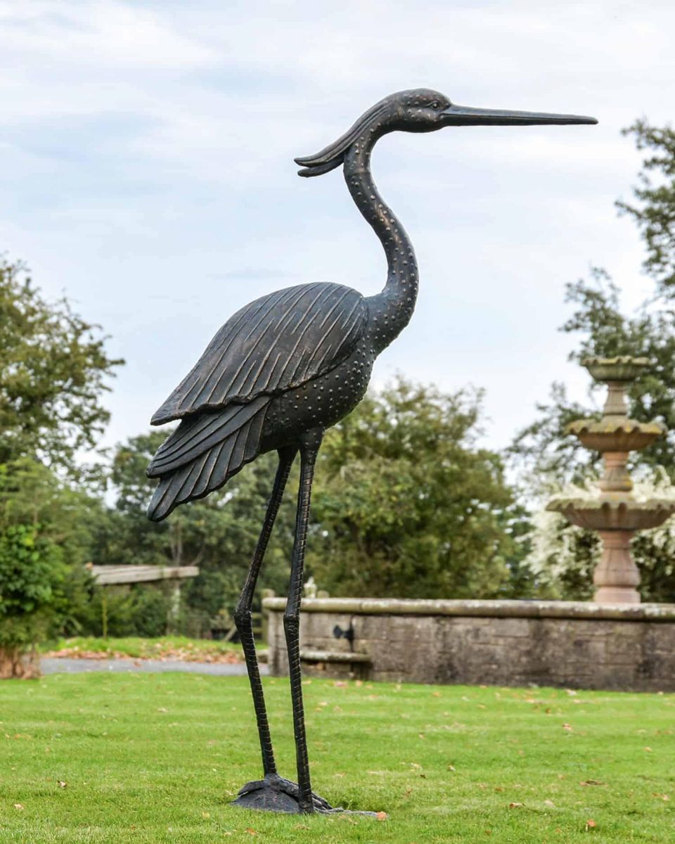 Cast Aluminium Freestanding "Titan" Heron Garden Sculpture - Head Up