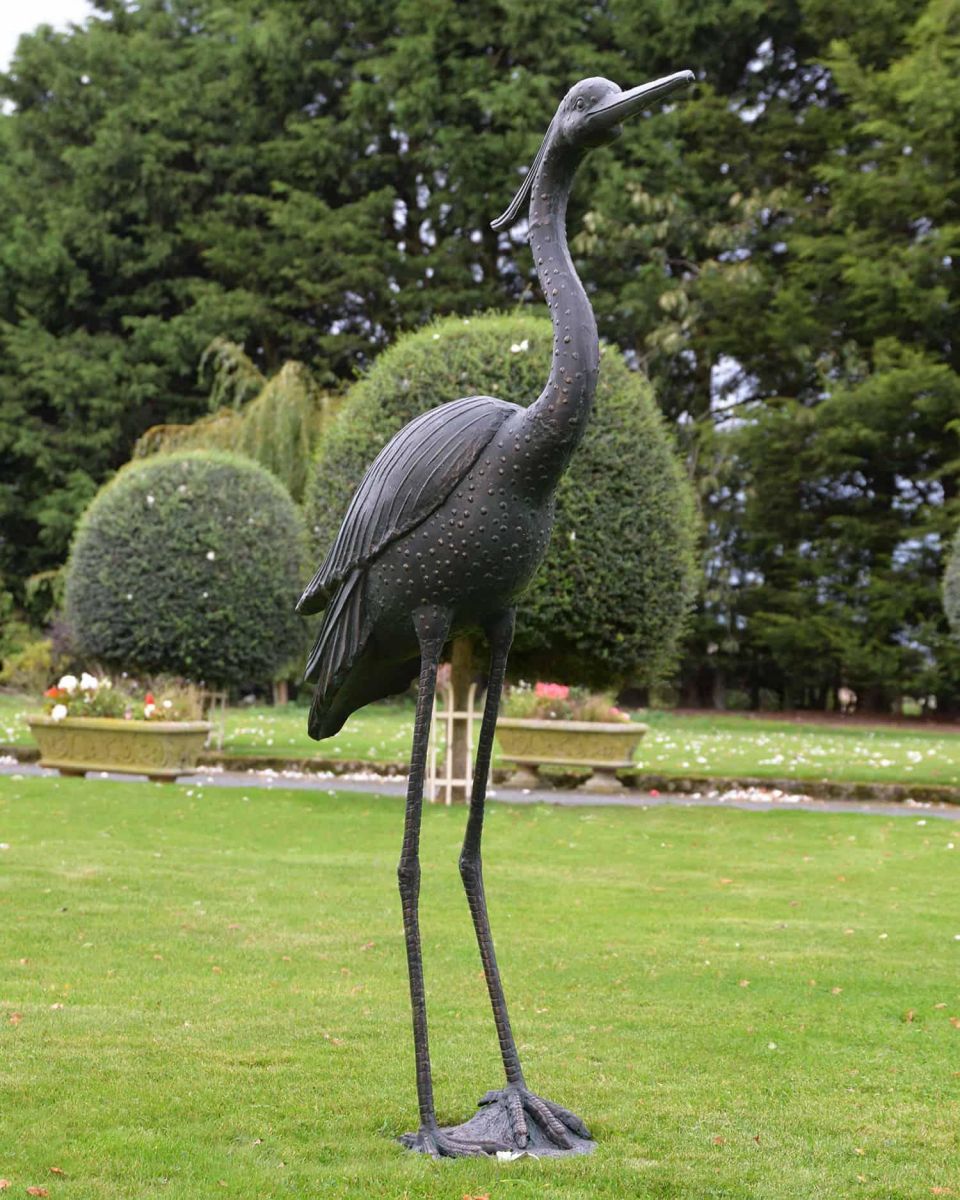 Cast Aluminium Freestanding "Titan" Heron Garden Sculpture - Head Up in Situ