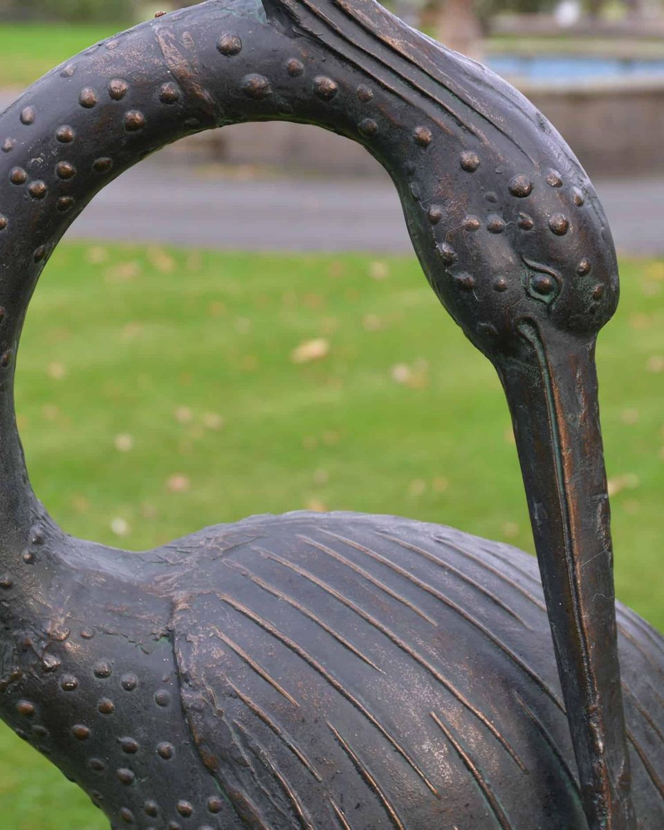 Close-Up of Cast Aluminium Freestanding "Titan" Heron Garden Sculpture - Head Down
