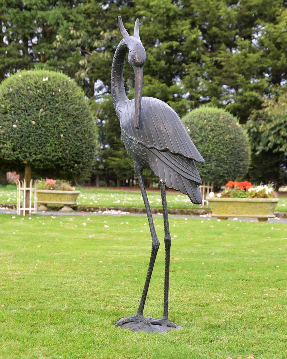 Cast Aluminium Freestanding "Titan" Heron Garden Sculpture - Head Down in Situ
