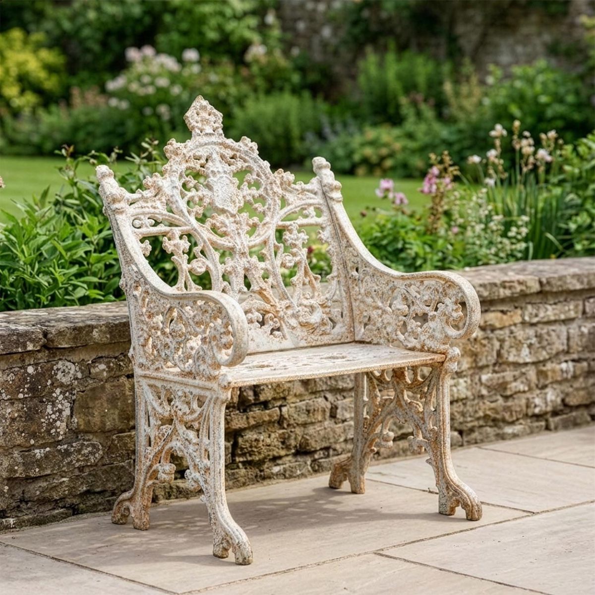 Cast Iron Gothic One Seat Bench in a Cream Finish Digital Illustration