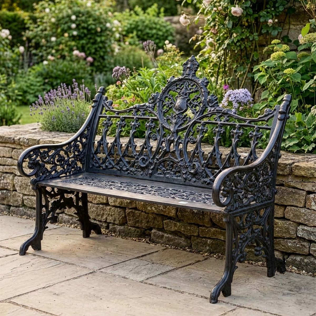 Cast Iron Gothic Two Seat Bench in a Black Finish Digital Illustration