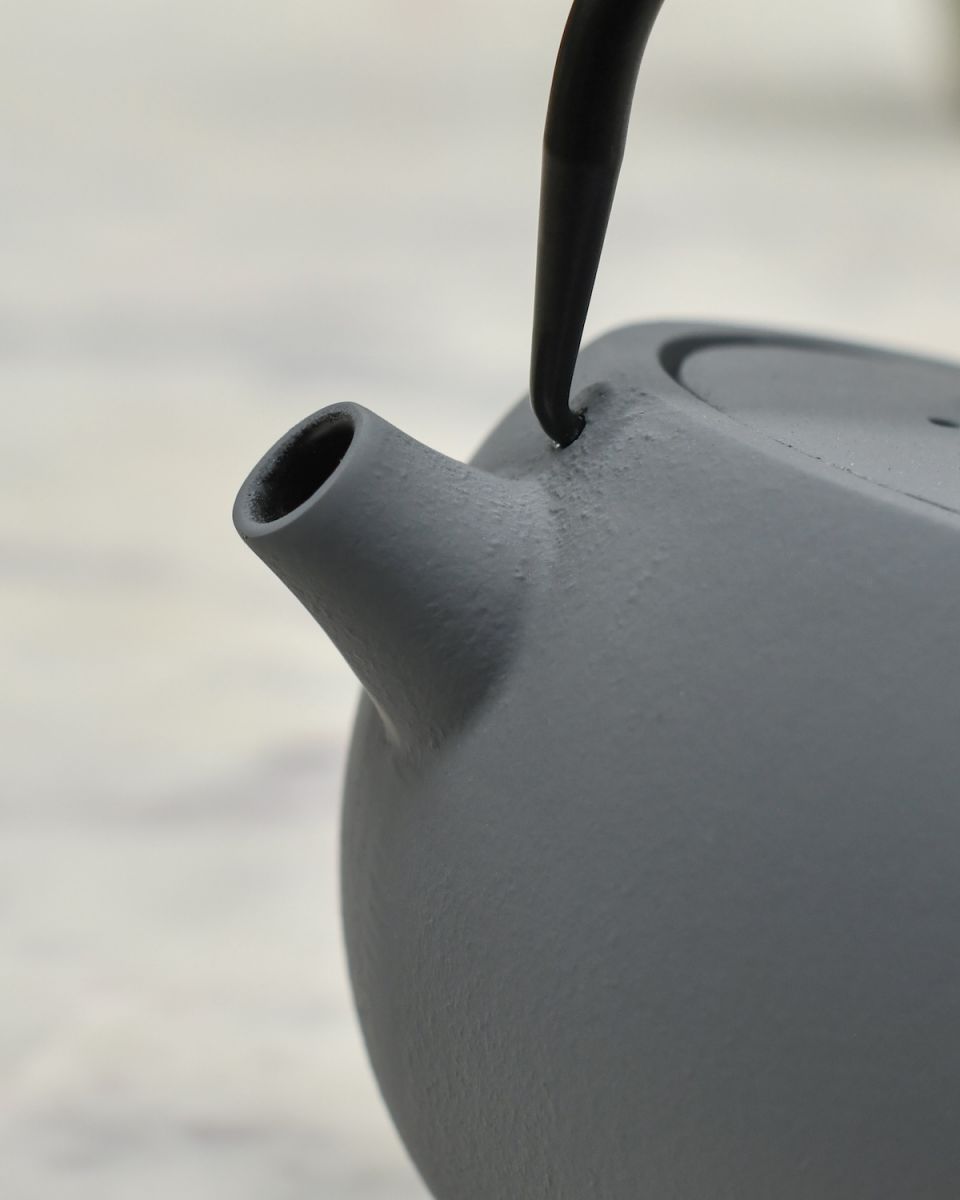 Close up of spout detail on Cast Iron Grey "Saitama" Japanese Style Teapot Close up of spout detail on Cast Iron Grey "Saitama" Japanese Style Teapot