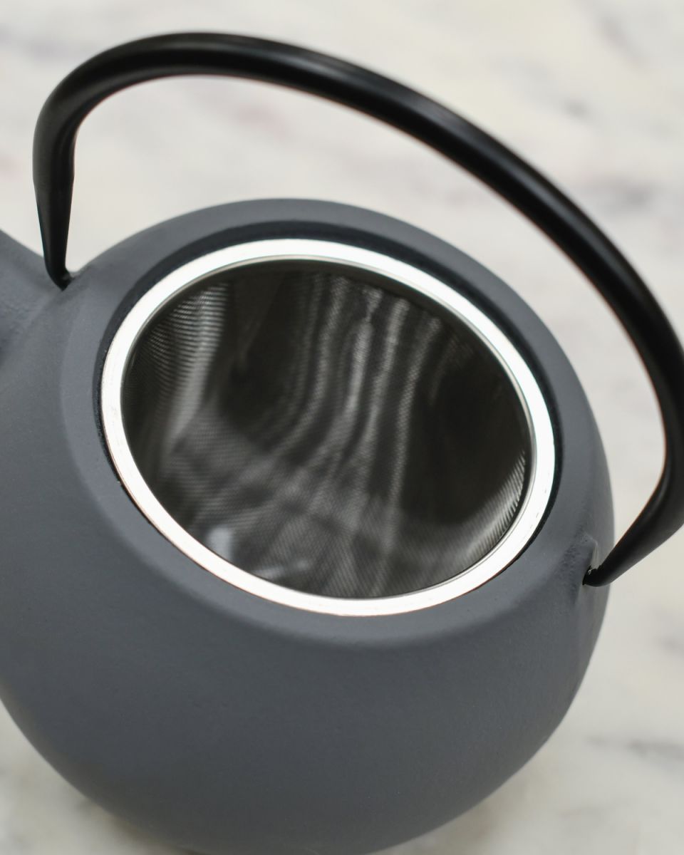 Close up of tea strainer detail on cast iron grey japanese style teapot Close up of tea strainer detail on cast iron grey japanese style teapot