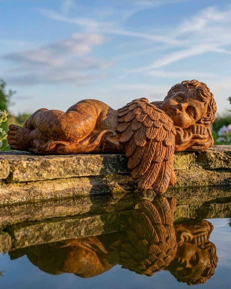 Cast Iron Sleeping Cherub Garden Statue Digital Illustration