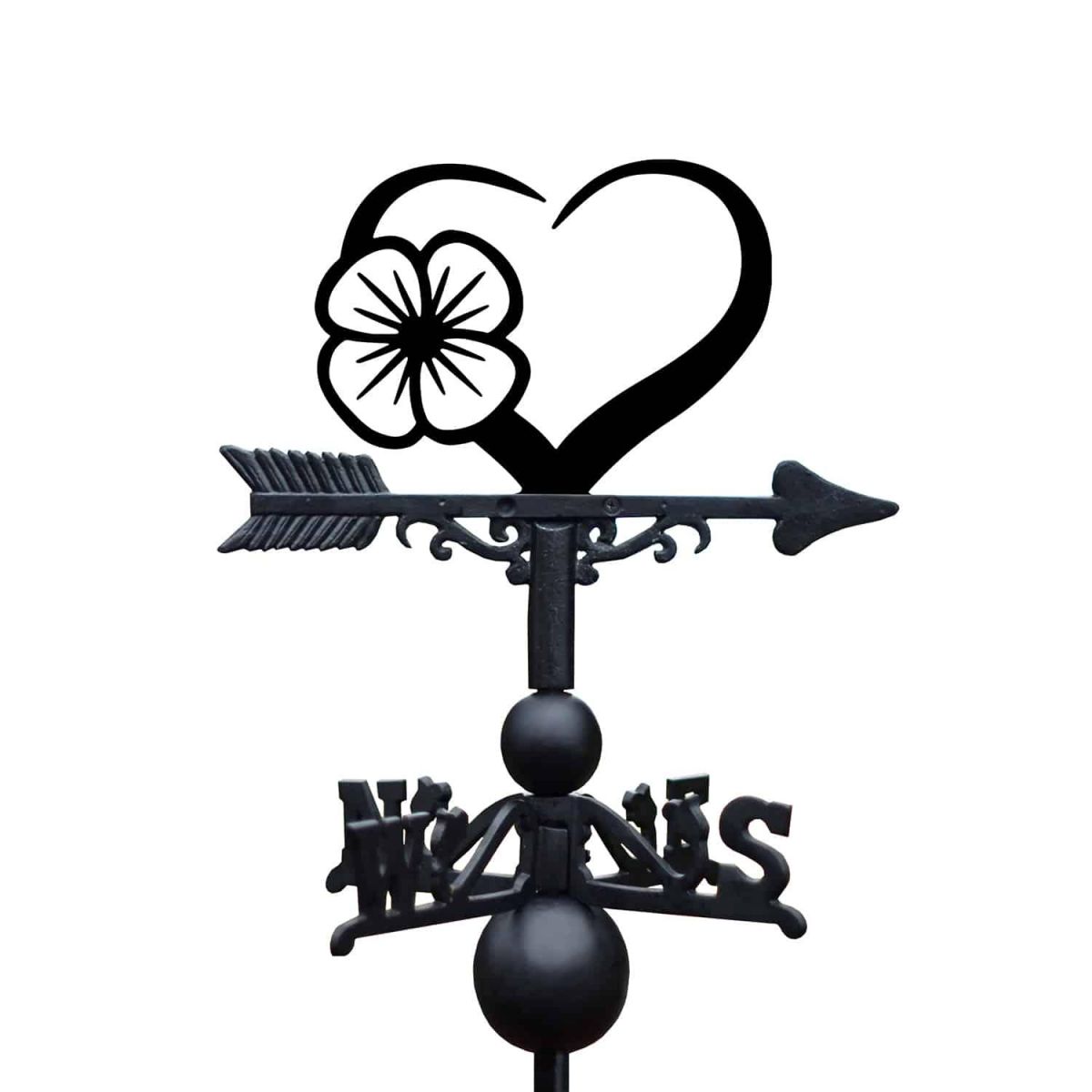 Cast Iron & Steel "Rembrance" Poppy Heart Weathervane on White Background