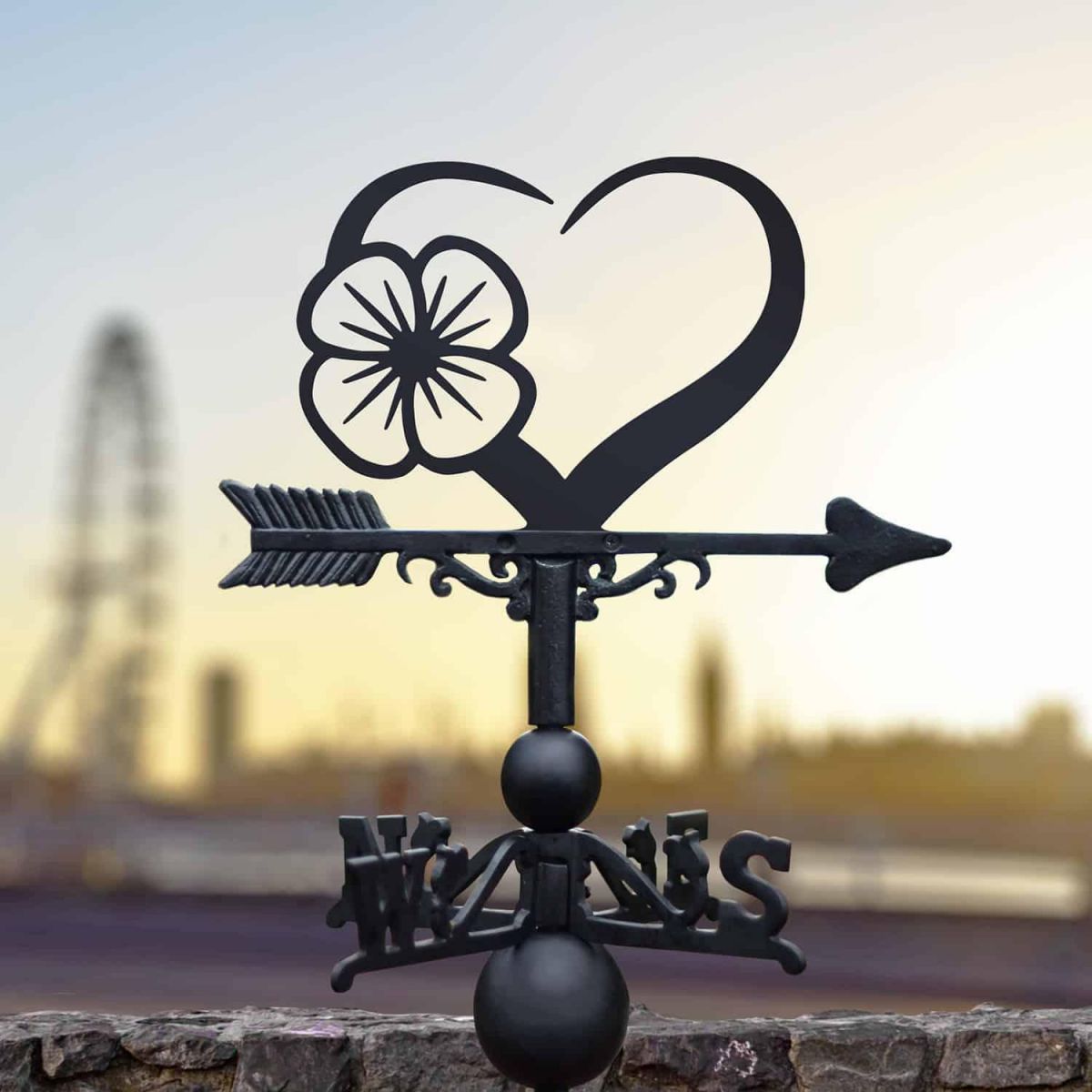 Cast Iron & Steel Weathervane with "Rembrance" Poppy Heart Topper