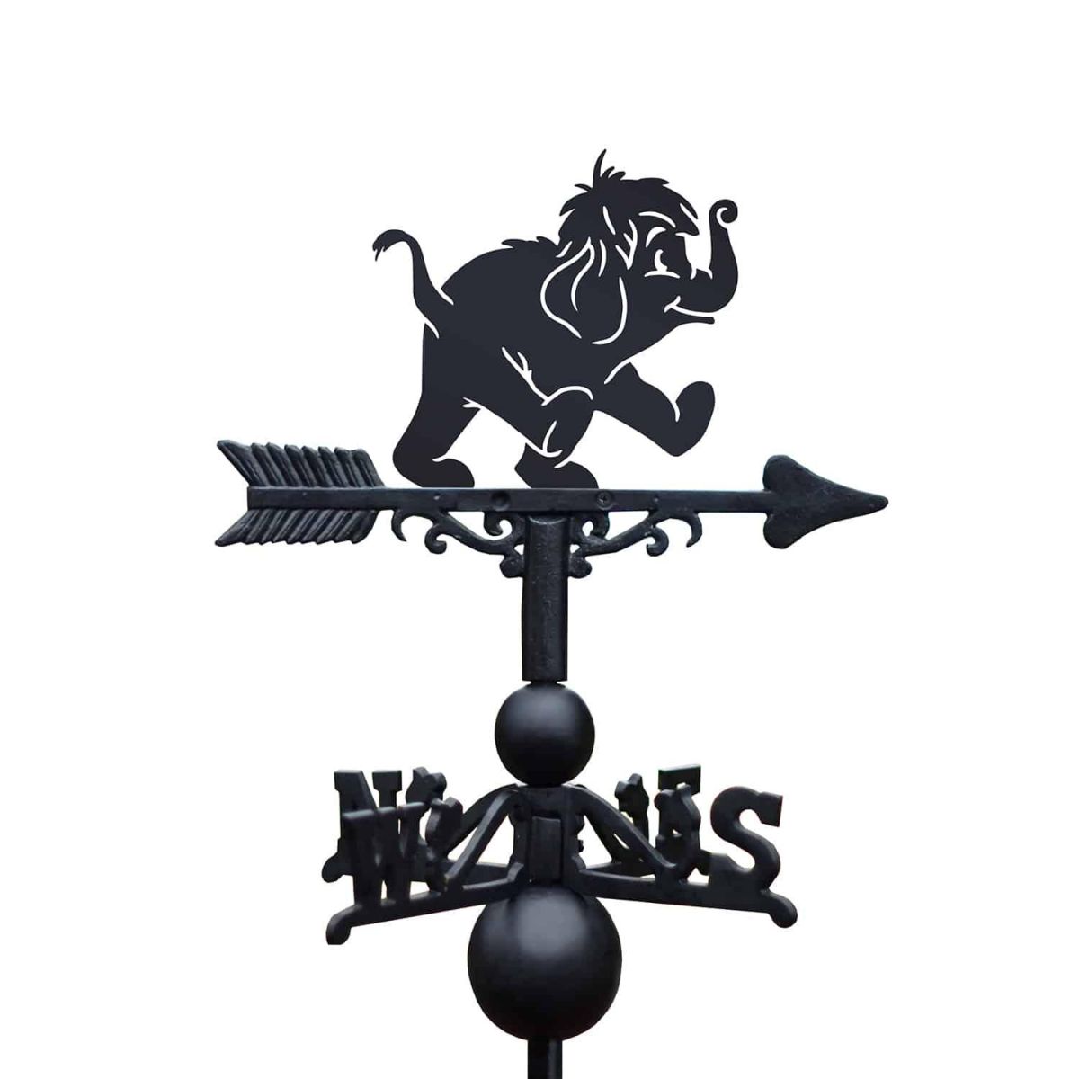 Cast Iron & Steel Cartoon Baby Elephant Weathervane on White Background