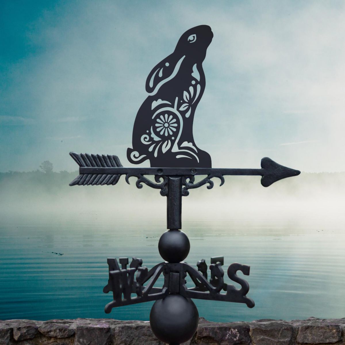 Cast Iron & Steel Weathervane with Gazing Hare "Floral Twist" Motif