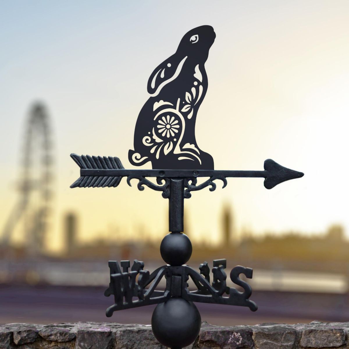 Cast Iron & Steel Gazing Hare "Floral Twist" Weathervane in Situ