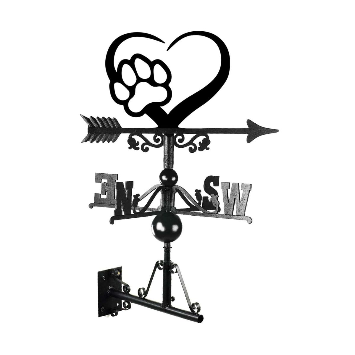 Mounted Cast Iron & Steel Heart & Paw Print Weathervane