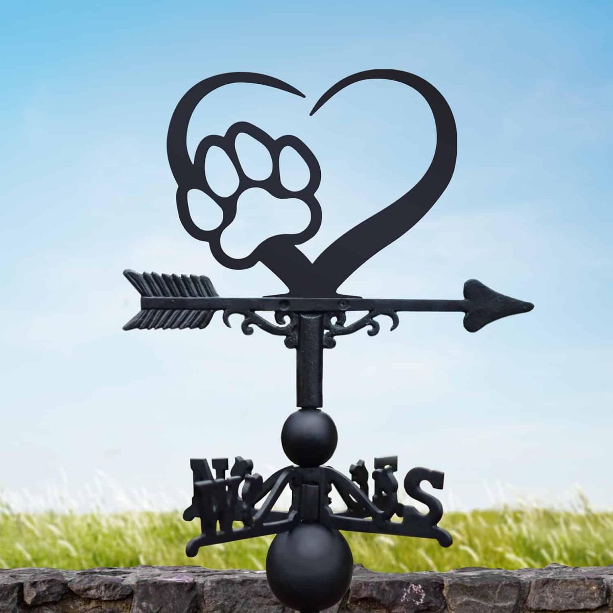Cast Iron & Steel Weathervane with Heart & Paw Print Topper