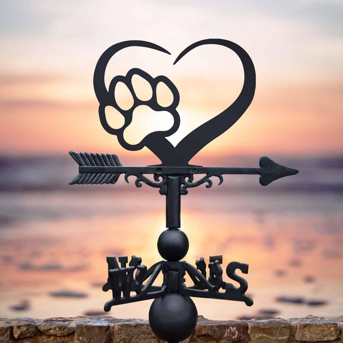 Cast Iron & Steel Heart & Paw Print Weathervane in Situ