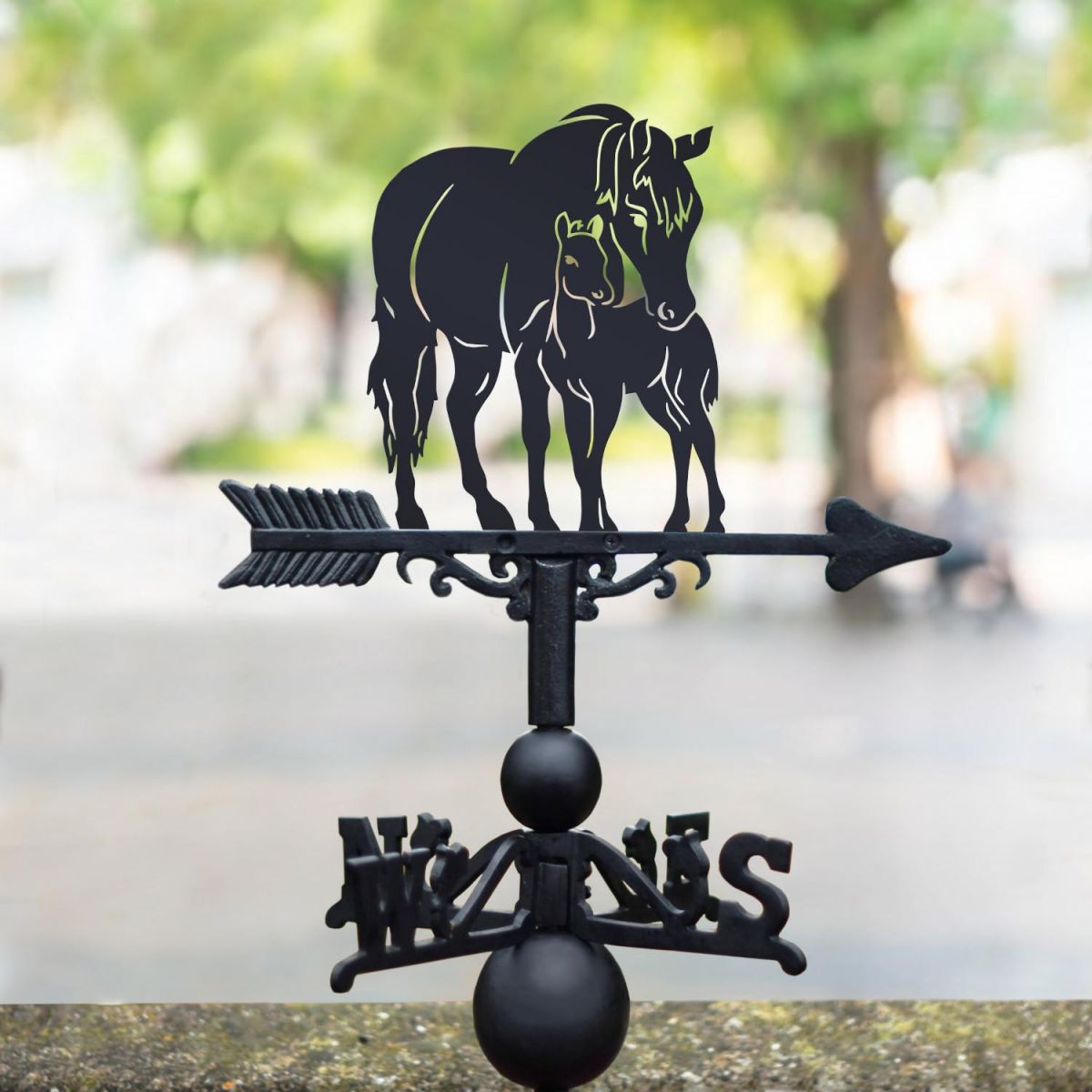 Cast Iron & Steel Weathervane with Mare & Foal Topper in Situ Cast Iron & Steel Weathervane with Mare & Foal Topper in Situ