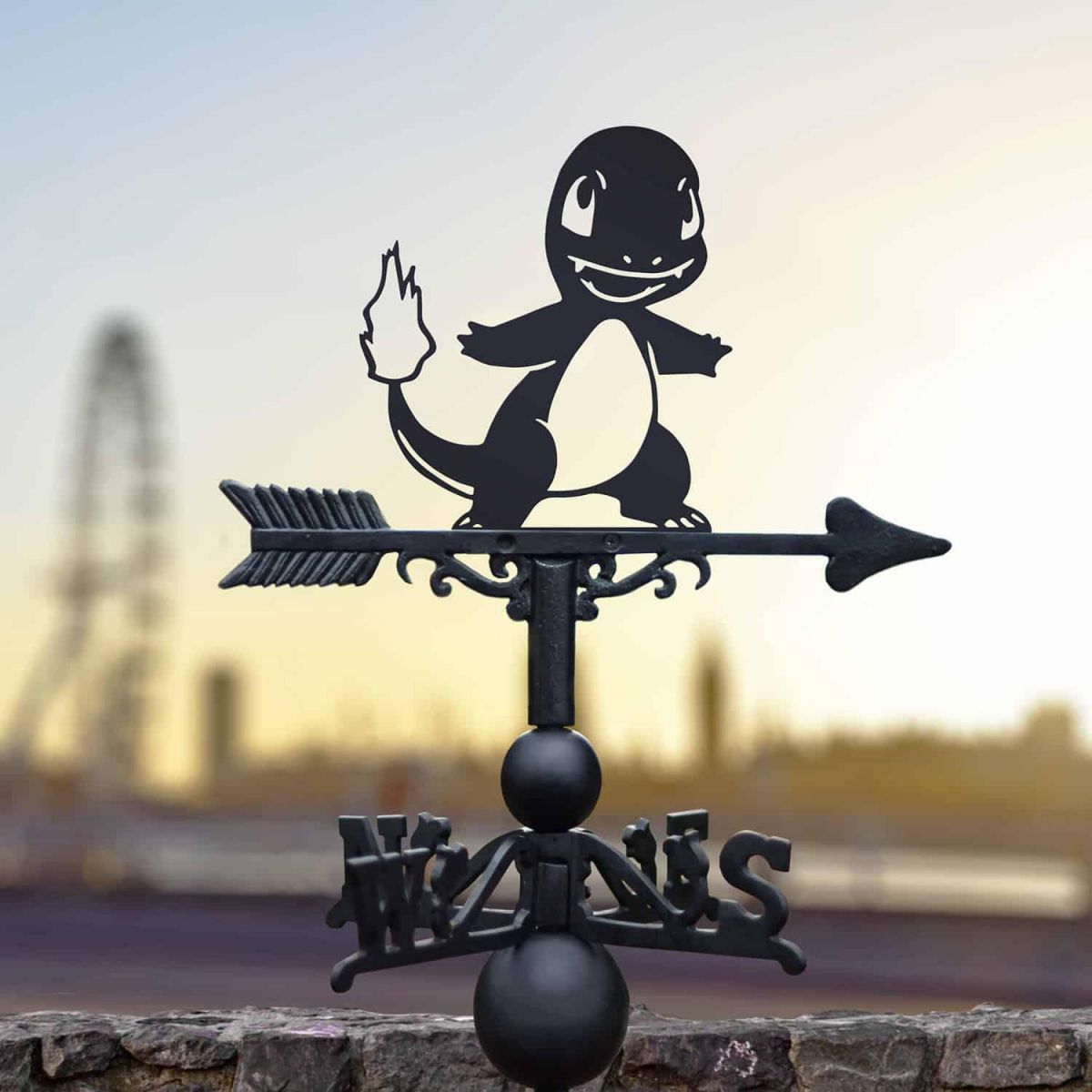 Cast Iron & Steel Weathervane with Unevolved Fire Lizard Character Motif Cast Iron & Steel Weathervane with Unevolved Fire Lizard Character Motif
