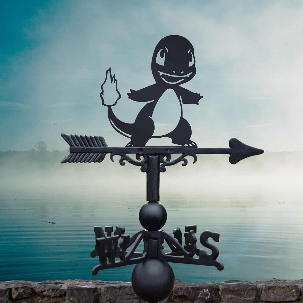 Cast Iron & Steel Unevolved Fire Lizard Character Weathervane in Situ Cast Iron & Steel Unevolved Fire Lizard Character Weathervane in Situ