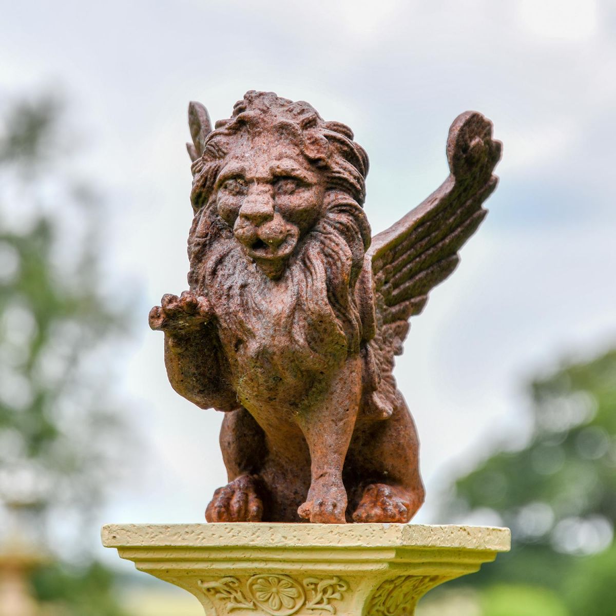 Cast Iron Winged Lion Sculpture in Situ