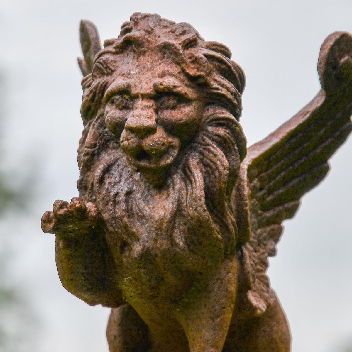 Close-up of the Cast Iron Winged Lion Sculpture