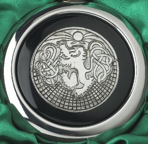 Close-up of the Celtic Lion Design on the Whiskey Flask