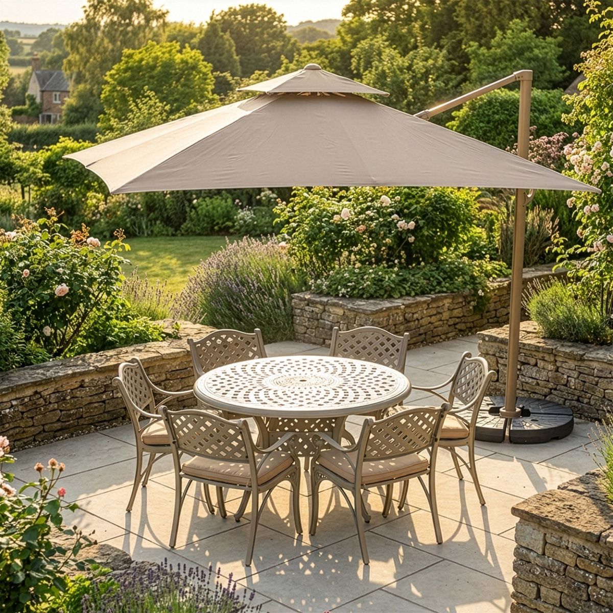 Outdoor Parasol Umbrella in Situ Outside in the Garden Covering a Dining Set digital illustration