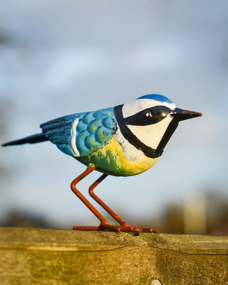 Charming Blue Tit Steel Bird Sculpture Looking left