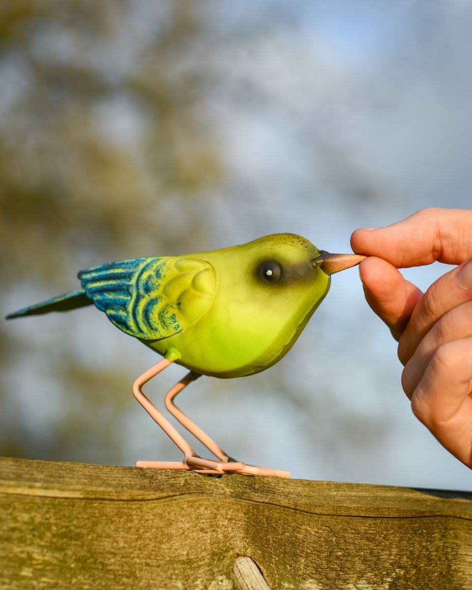 Charming Greenfinch Steel Bird Sculpture to scale
