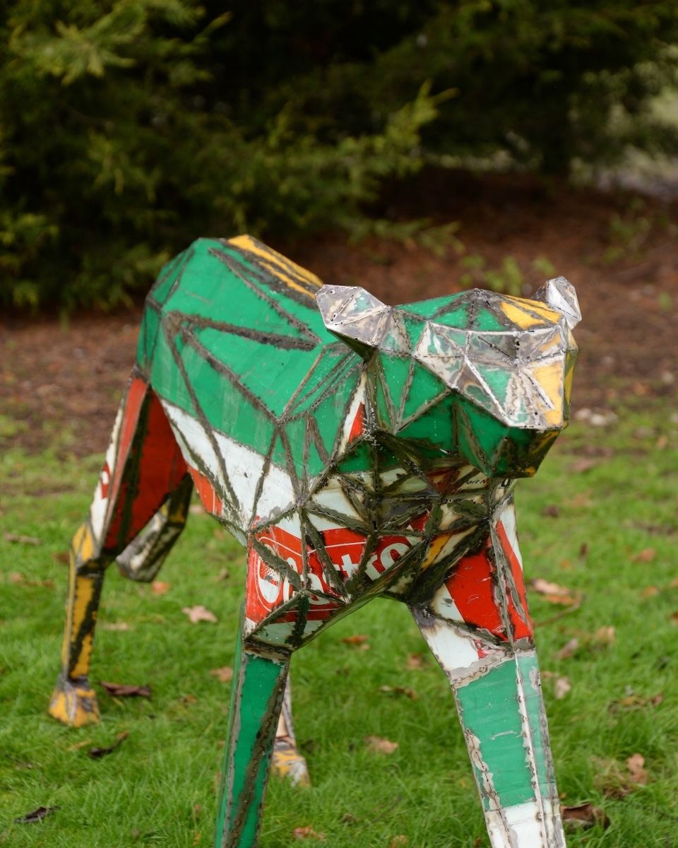 "Diesel" the Cheetah Upcycled Oil Drum Garden Sculpture facing sculpture head on