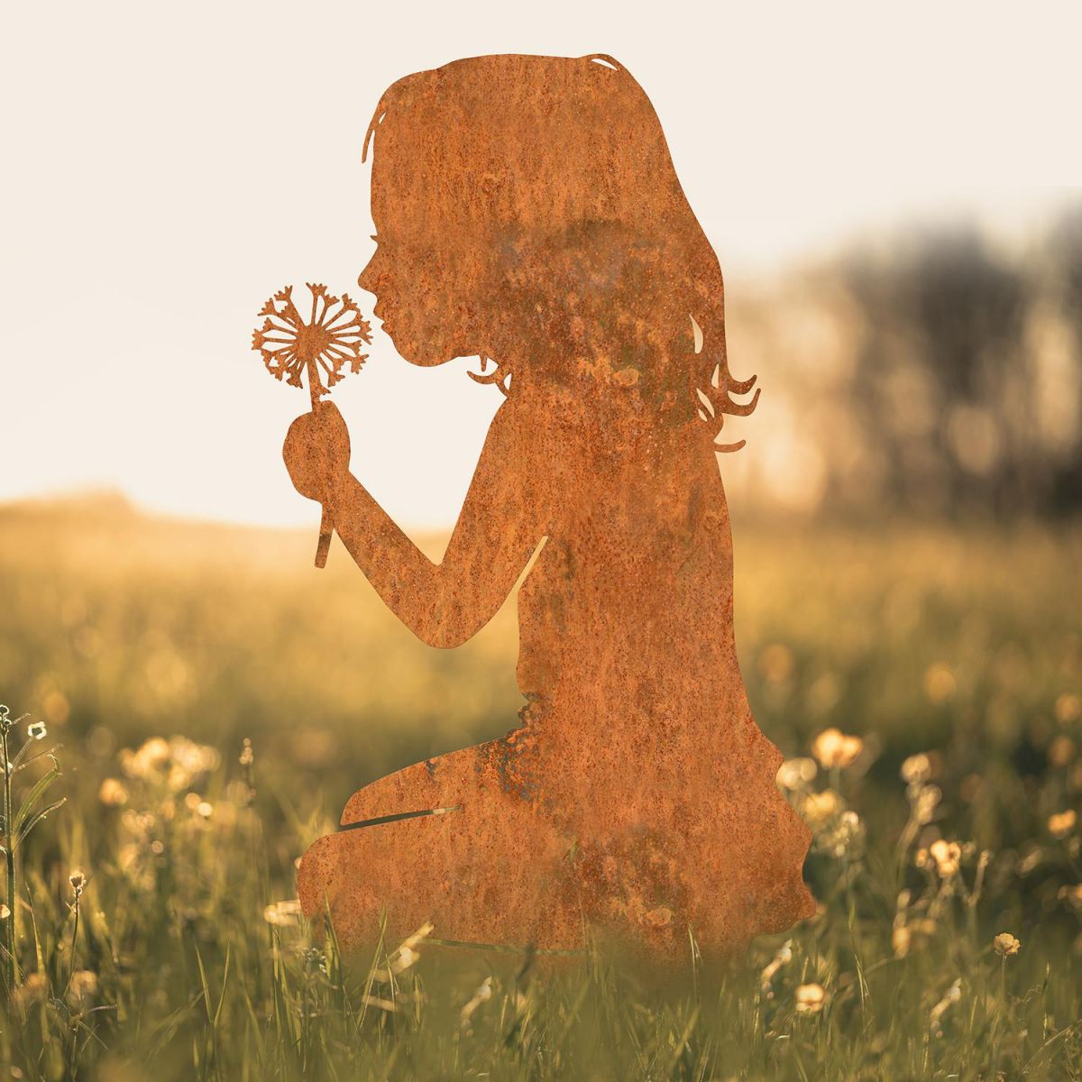Girl With Flower Iron Silhouette in Situ in a Field