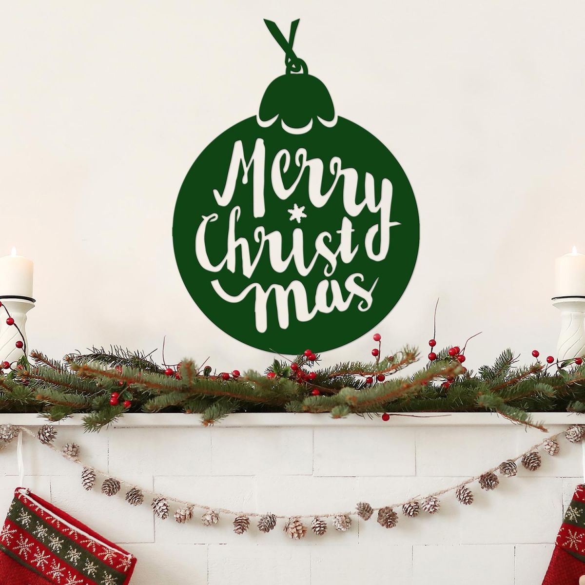 Christmas Bauble Steel Wall Art in Situ Above a Fireplace