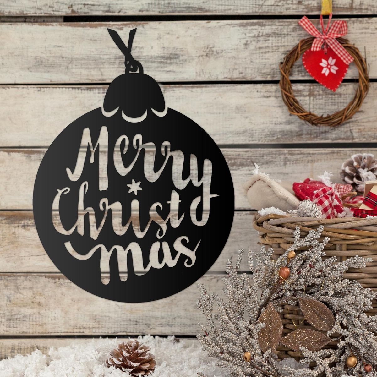 Christmas Bauble Steel Wall Art in Use on a Wooden Wall