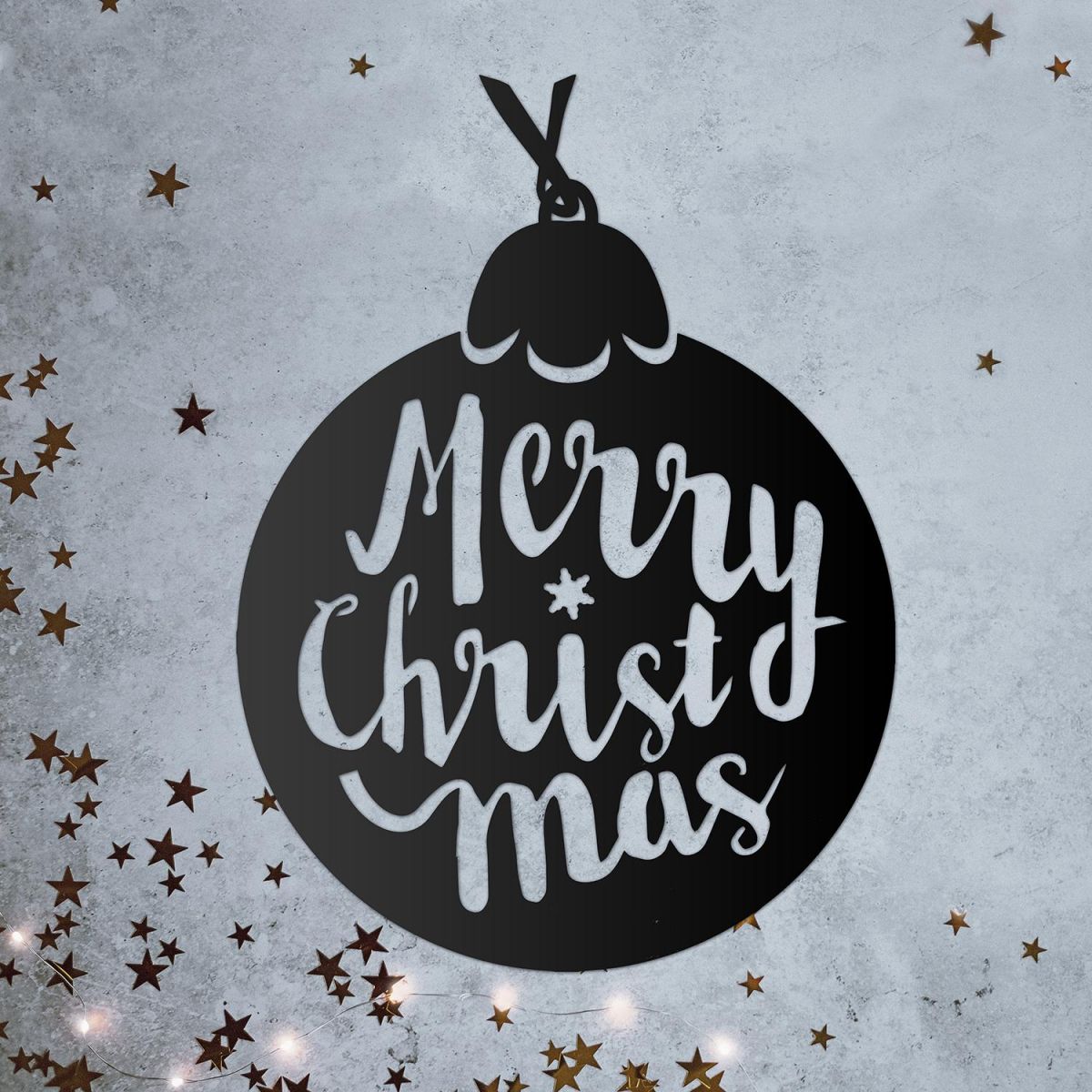 Christmas Bauble Steel Wall Art in Situ on a Rustic Wall