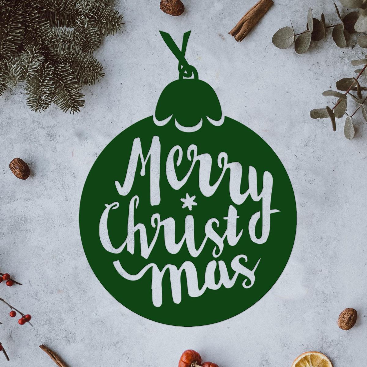 Christmas Bauble Steel Wall Art in Situ on a Rustic Wall