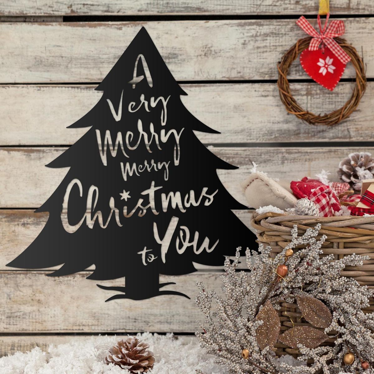 Christmas Tree Steel Wall Art in Use on a Wooden Wall Christmas Tree Steel Wall Art in Use on a Wooden Wall