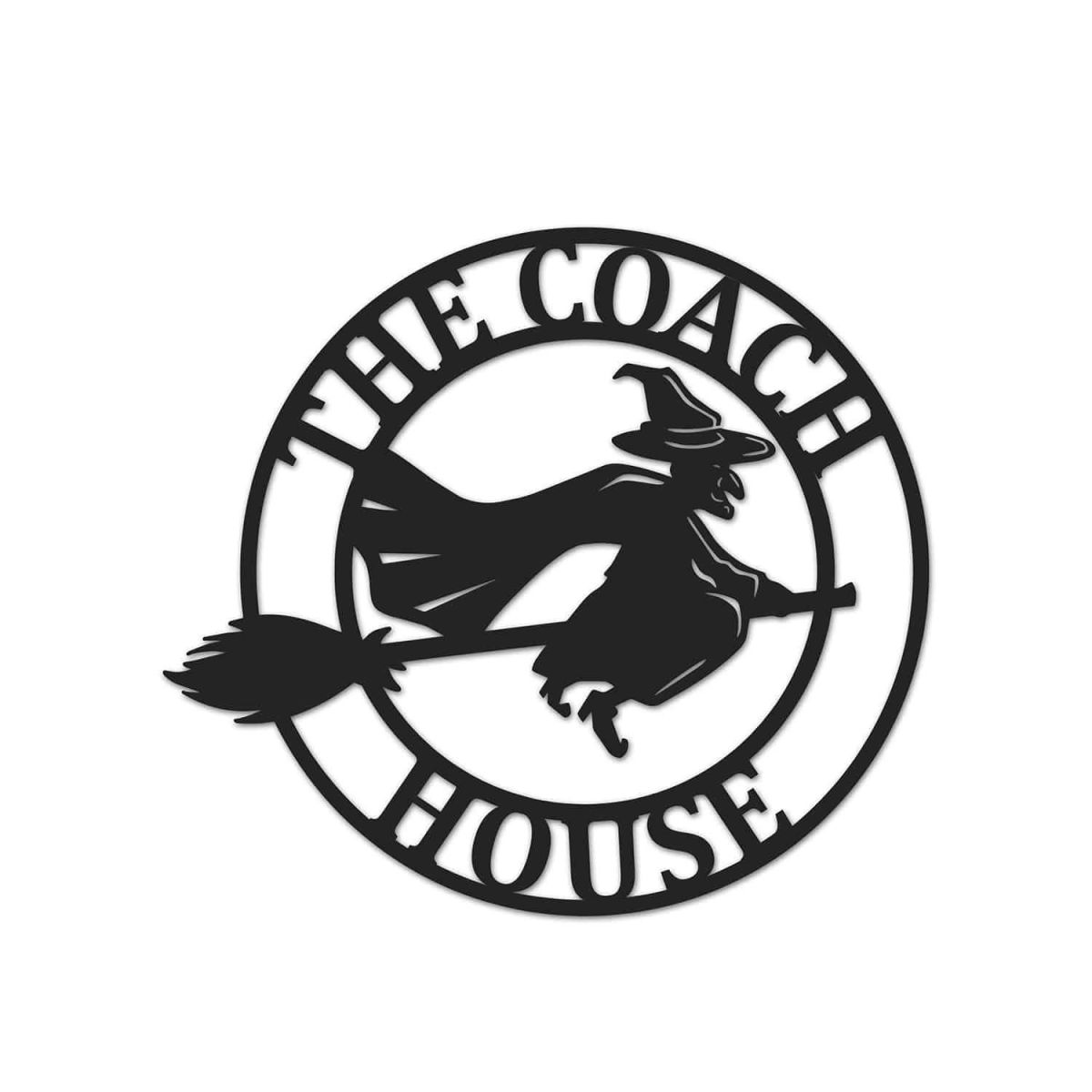 Circular Steel "Witch on Broom" House Name Sign on White Background