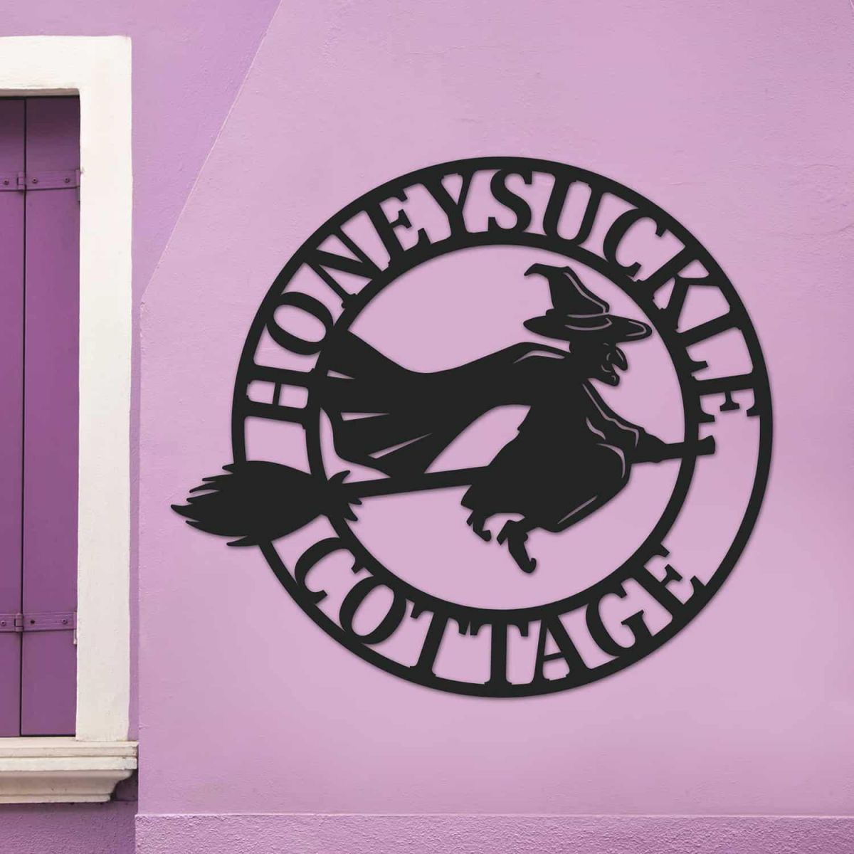 Circular Steel House Name Sign with "Witch on Broom" Motif