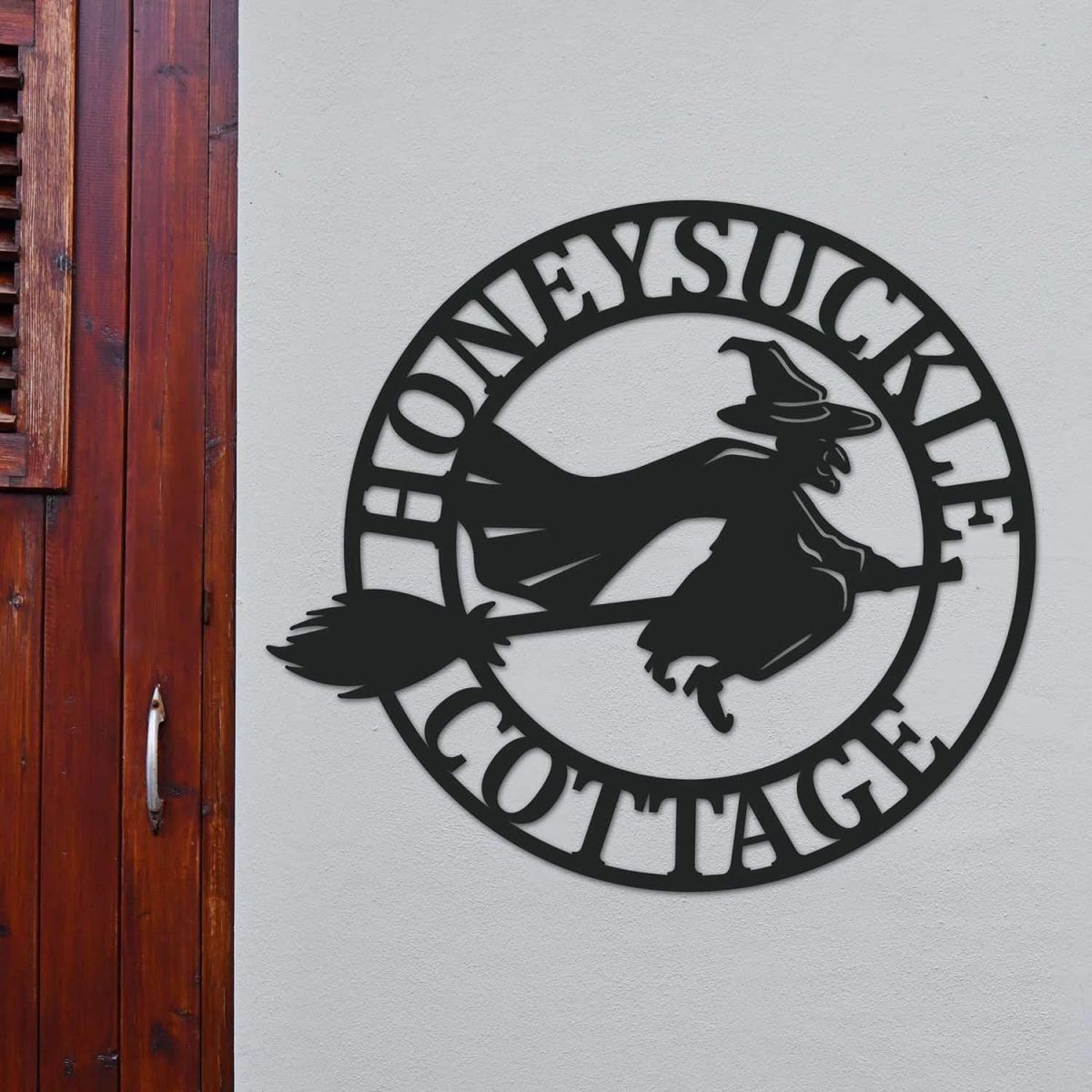 Circular Steel House Name Sign with "Witch on Broom" Design